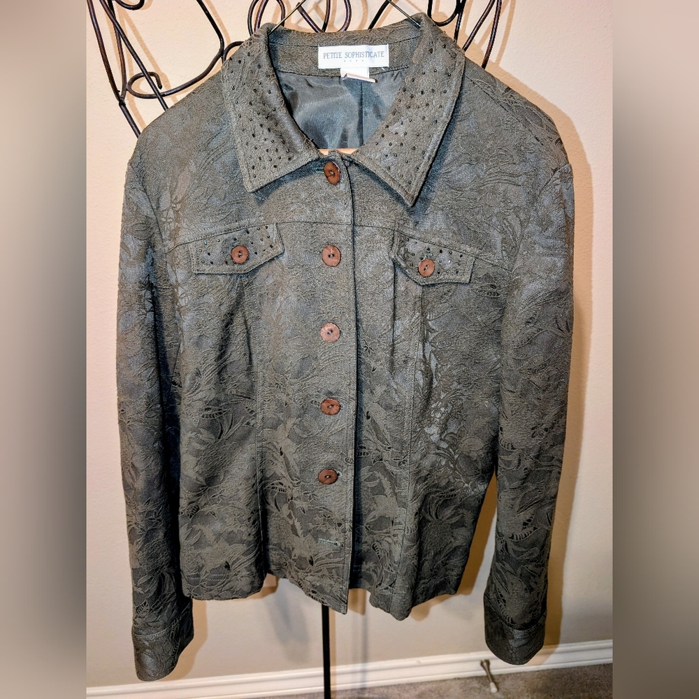 Petite Sophisticate Olive Green Embossed Blazer/Jean Jacket